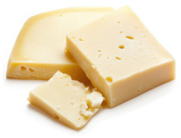Three slices of pale yellow cheese, showing holes and a creamy texture. png