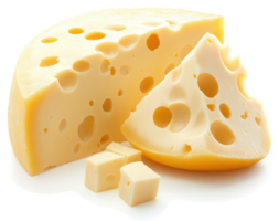 A close-up view of a wheel of swiss cheese with slices and cubes. png