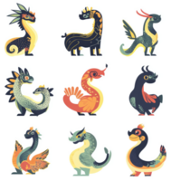 Nine colorful and stylized fantasy dragons in a grid pattern. png