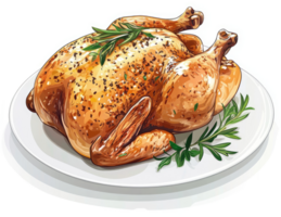 Roasted whole chicken on a plate garnished with fresh herbs. png