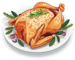 A roasted chicken on a plate with herbs and spices. png