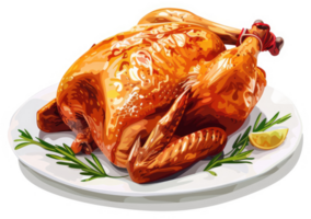 A roasted chicken resting on a white platter, garnished with fresh herbs and lemon. png