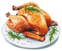 A roasted whole chicken on a plate, garnished with fresh herbs. png