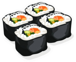 Four colorful sushi rolls with rice and fillings. png