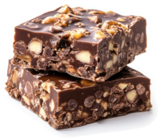 Two squares of rich chocolate nut fudge layered on top of each other. png