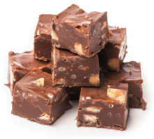A stack of rich, dark chocolate fudge squares filled with caramel and nuts. png