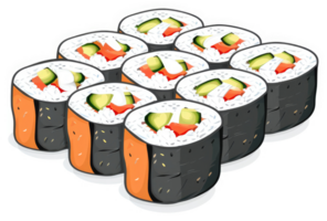 A delicious array of salmon avocado sushi rolls. png