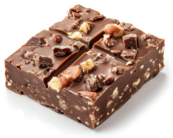 A decadent square of dark chocolate, studded with nuts and chunks of chocolate. png