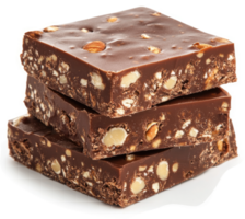 Stack of rich, dark chocolate bars with nuts. png
