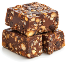 Stack of rich, dark chocolate bars with nuts and chunks. png