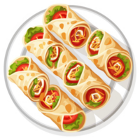 A plate of delicious, rolled-up wraps filled with savory ingredients. png