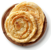 Golden, layered flatbreads in a woven basket. png