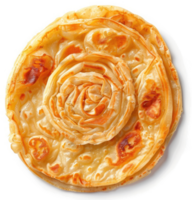 A golden-brown, intricately folded roti, showcasing a beautiful rosette design. png