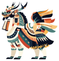 A vibrant, stylized illustration of a mythical creature, adorned with intricate patterns and colorful garments. png