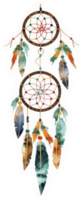 A double dream catcher adorned with colorful feathers and beads. png