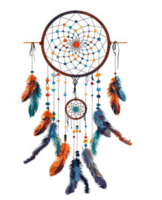 un vibrante sueño receptor adornado con vistoso plumas y rosario. png