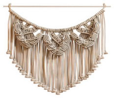 A beige macrame wall hanging with intricate patterns and fringe. png