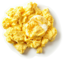 Scrambled eggs with a sunny-side-up yolk on a plate. png
