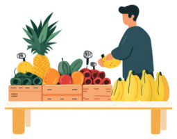 A person selecting bananas from a fruit stand overflowing with colorful produce. png