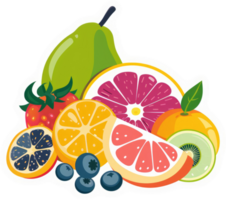 A colorful array of fresh fruits, including berries, citrus, and a pear. png