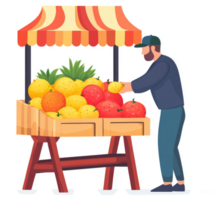 A street vendor displaying a colorful array of fresh fruits under a striped awning. png