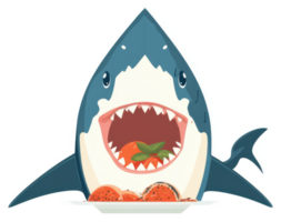 A shark with an open mouth, happily devouring a plate of fruit. png