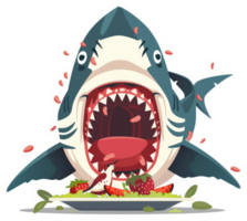 A hungry shark devouring a plate of salad. png