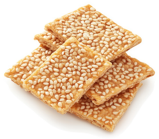 A stack of sesame seed-studded, golden-brown, crispy squares. png