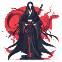 A masked warrior in black attire, sword in hand, amidst a fiery red dragon. png