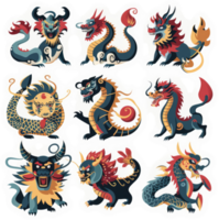 Nine stylized chinese dragon illustrations in a grid pattern. png