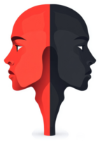 A split portrait of duality, contrasting red and black halves. png