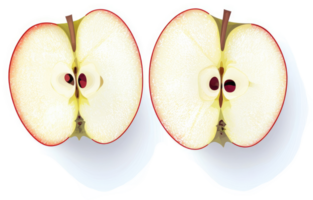 Two halves of a red apple, showcasing the inside. png
