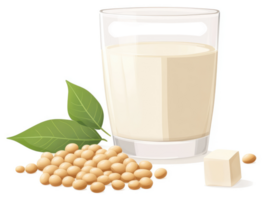 A glass of soy milk surrounded by soy beans and a cube of tofu. png