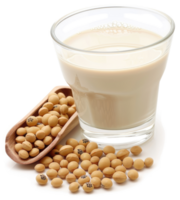 Soy milk in a glass with soybeans beside it. png