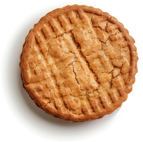 Close-up view of a round, light brown, patterned biscuit. png