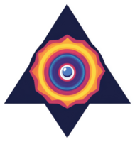 A vibrant, geometric logo featuring a multifaceted eye design within a triangular frame. png