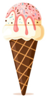 A delicious ice cream cone with pink drizzle and sprinkles. png