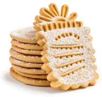 A stack of sugared shortbread cookies with decorative patterned cookies. png