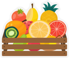A wooden crate overflowing with various colorful fruits. png