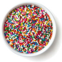 A colorful assortment of small, colorful sprinkles in a white bowl. png