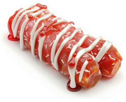 A sweet, red, and white confectionery roll, drizzled with a ruby red glaze and topped with white icing swirls. png