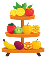 A tiered fruit stand overflowing with colorful fruits. png