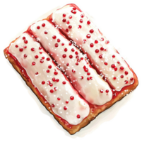 A rectangular pastry topped with white icing, red sprinkles, and a sweet filling. png