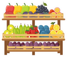 A colorful display of fresh fruits and vegetables in wooden crates. png
