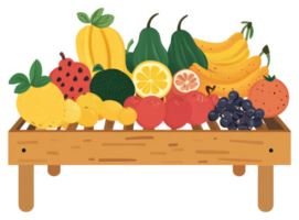 A wooden crate overflowing with colorful fruits. png