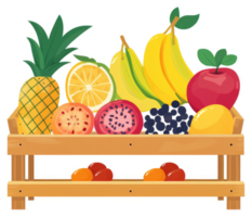 A wooden crate overflowing with a variety of colorful fruits. png