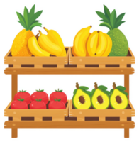 A grocery store display of fresh produce, including pineapples, bananas, tomatoes, and avocados. png