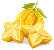 A vibrant illustration of star fruit, whole and sliced, displaying its unique star-shaped sections. png