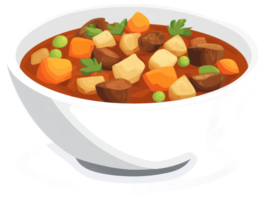 A hearty bowl of stew filled with meat, vegetables, and peas. png