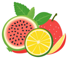 A vibrant display of watermelon, lemon, apple, and a slice of mango. png